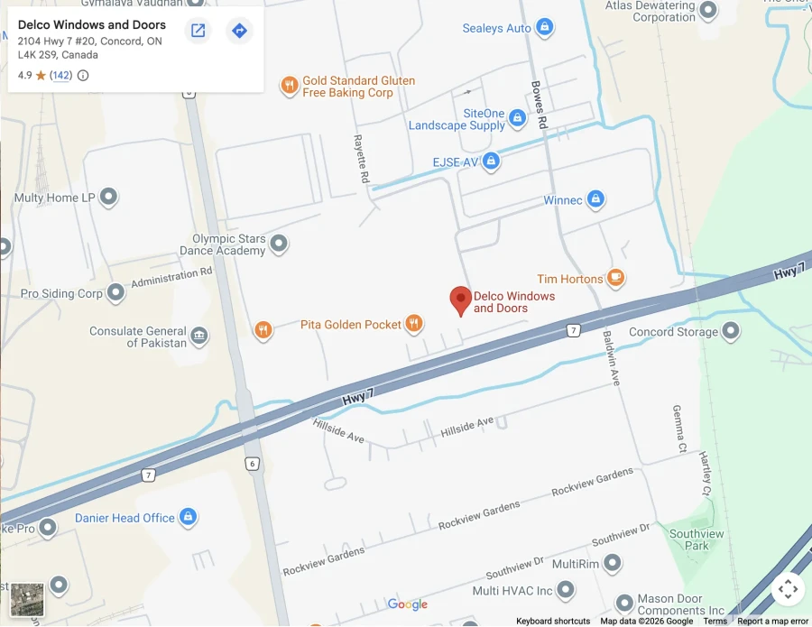 Map to Delco showroom at 2104 Hwy 7 #20 Concord, ON L4K 2S9